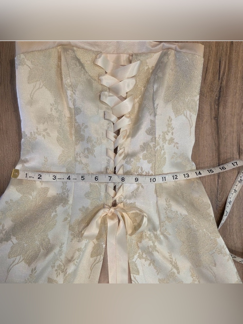 Vintage Ivory Floral Brocade Bridal Gown Strapless Lace-Up Wedding Dress - Picture 10 of 10